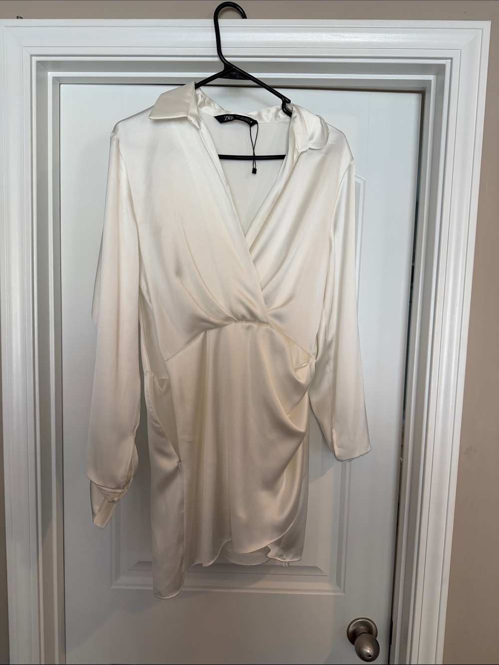 Zara Satin Wrap-Style Mini Dress in Cream